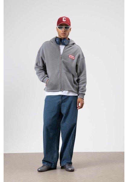Oversize Fermuarlı Kapüşonlu Sweatshirt Füme