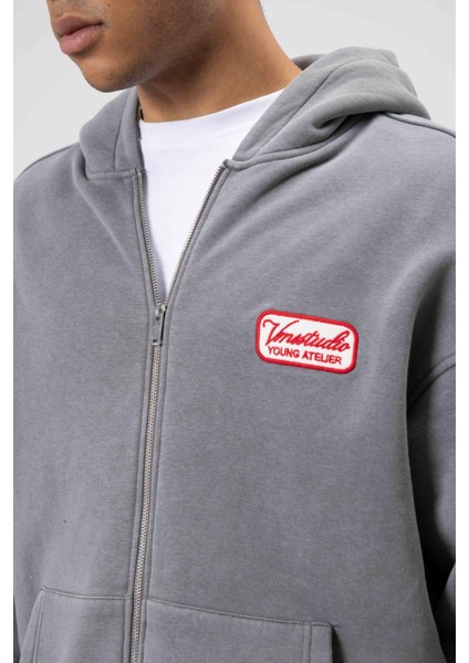 Oversize Fermuarlı Kapüşonlu Sweatshirt Füme fiyatları