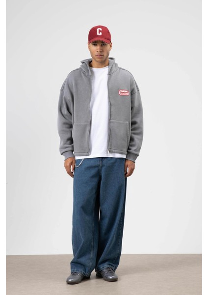 Oversize Fermuarlı Kapüşonlu Sweatshirt Füme fırsatları