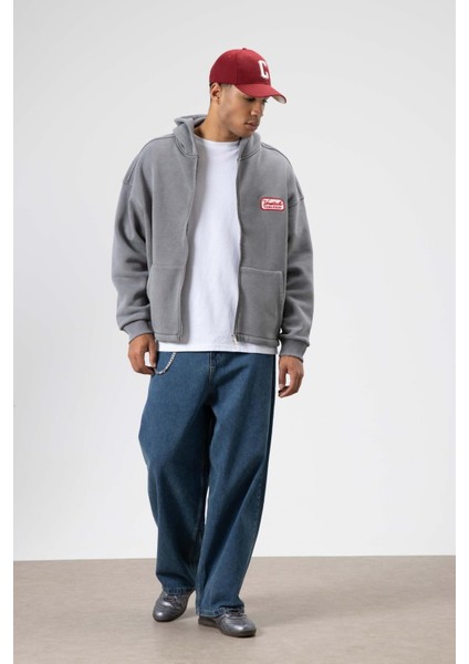Oversize Fermuarlı Kapüşonlu Sweatshirt Füme indirimleri
