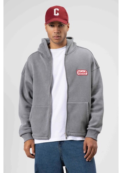 Oversize Fermuarlı Kapüşonlu Sweatshirt Füme