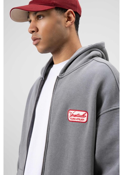 Oversize Fermuarlı Kapüşonlu Sweatshirt Füme