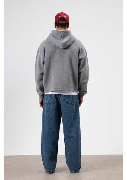 Oversize Fermuarlı Kapüşonlu Sweatshirt Füme