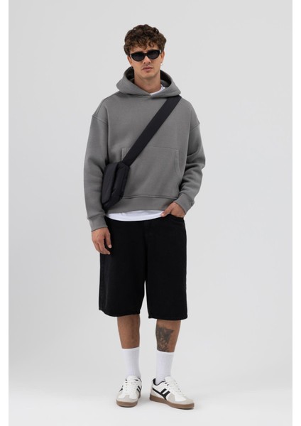Basic Kapüşonlu Boxy Fit Sweatshirt Füme