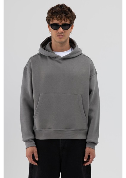 Basic Kapüşonlu Boxy Fit Sweatshirt Füme modelleri