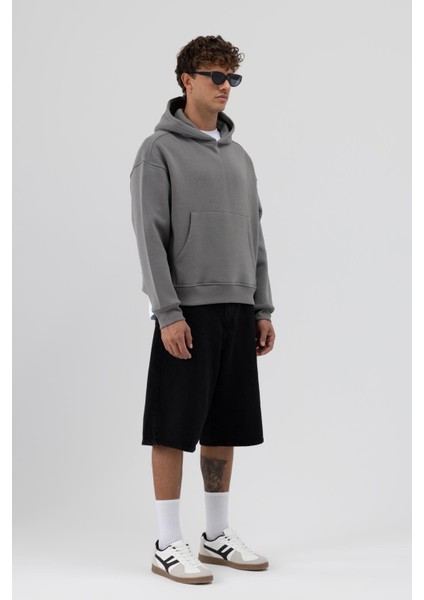 Basic Kapüşonlu Boxy Fit Sweatshirt Füme fırsatları