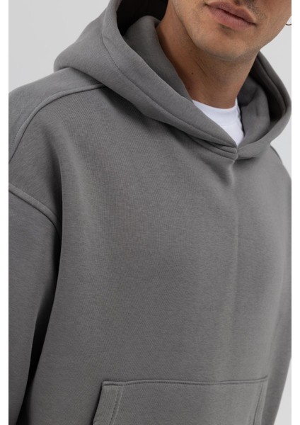 Basic Kapüşonlu Boxy Fit Sweatshirt Füme indirimleri