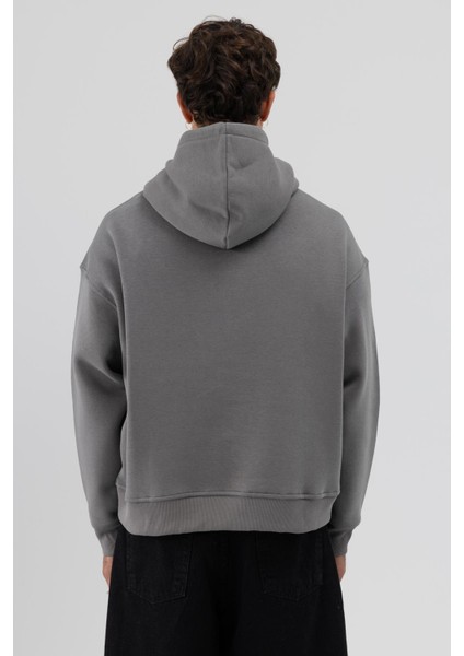 Basic Kapüşonlu Boxy Fit Sweatshirt Füme