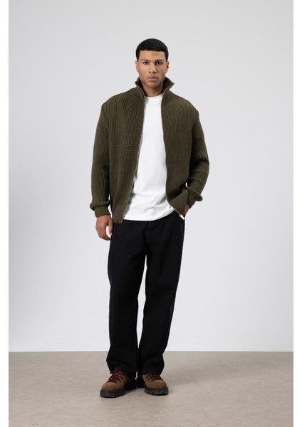 Oversize Fermuarlı Triko Hırka Haki