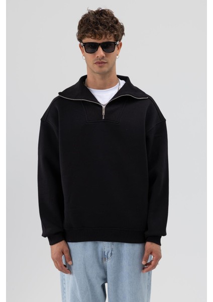 Basic Fermuarlı Dik Yaka Sweatshirt Siyah