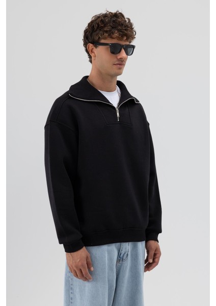 Basic Fermuarlı Dik Yaka Sweatshirt Siyah fiyatları