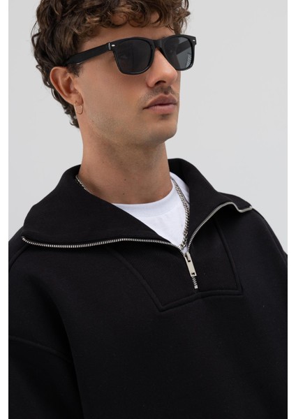 Basic Fermuarlı Dik Yaka Sweatshirt Siyah modelleri