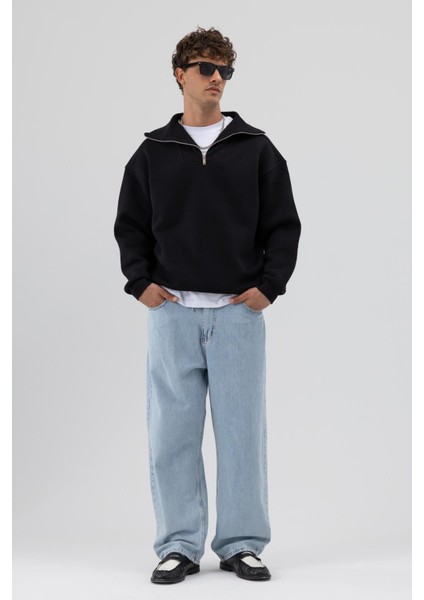 Basic Fermuarlı Dik Yaka Sweatshirt Siyah indirimleri