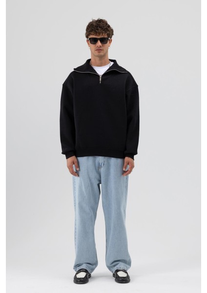 Basic Fermuarlı Dik Yaka Sweatshirt Siyah