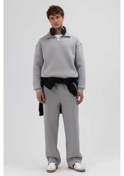 Oversize Fermuarlı Dik Yaka Sweatshirt Gri