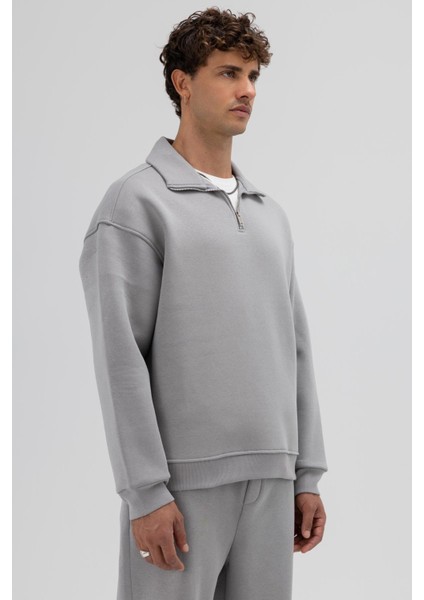Oversize Fermuarlı Dik Yaka Sweatshirt Gri modelleri