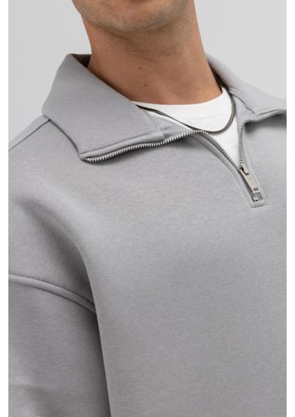 Oversize Fermuarlı Dik Yaka Sweatshirt Gri fırsatları