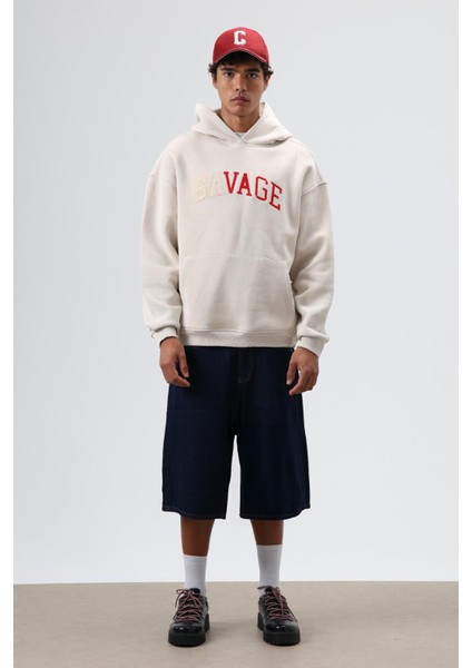 Oversize Baskılı Kapüşonlu Sweatshirt Taş