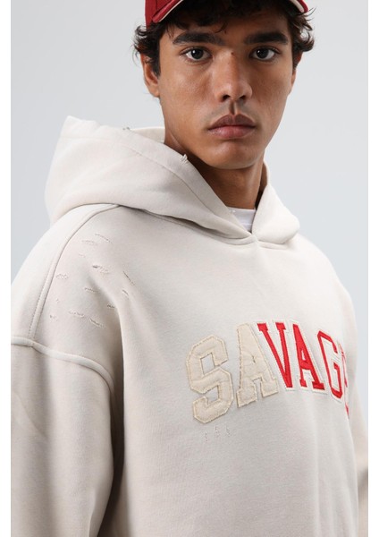 Oversize Baskılı Kapüşonlu Sweatshirt Taş modelleri