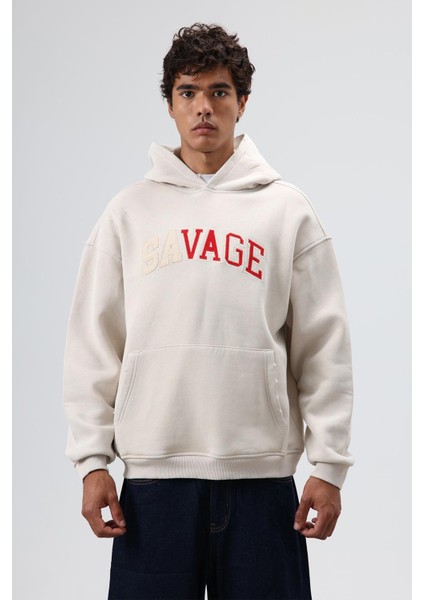 Oversize Baskılı Kapüşonlu Sweatshirt Taş indirimleri