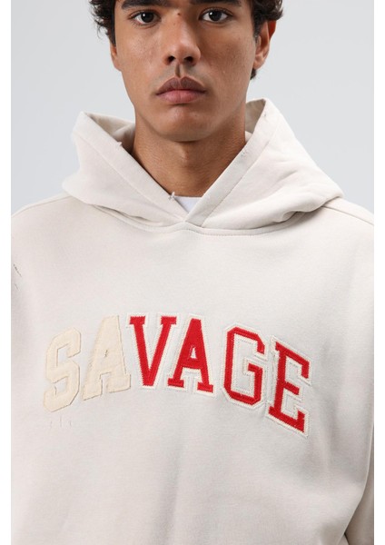 Oversize Baskılı Kapüşonlu Sweatshirt Taş