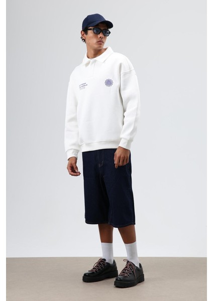 Polo Yaka Oversize Baskılı Yıkamalı Sweatshirt Ekru