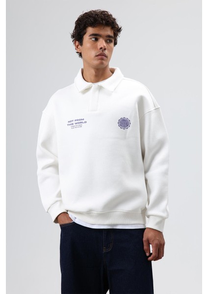 Polo Yaka Oversize Baskılı Yıkamalı Sweatshirt Ekru fiyatları
