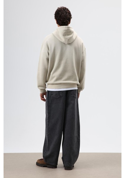 Polo Yaka Oversize Baskılı Yıkamalı Sweatshirt Ekru