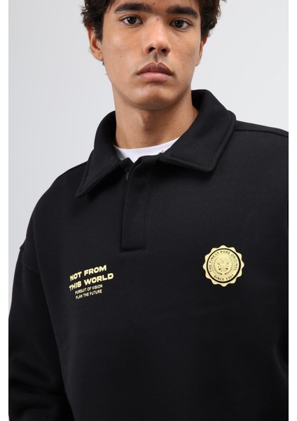 Polo Yaka Oversize Baskılı Yıkamalı Sweatshirt Siyah indirimleri