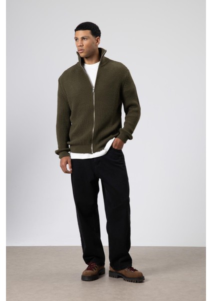 Oversize Fermuarlı Triko Hırka Haki fiyatları