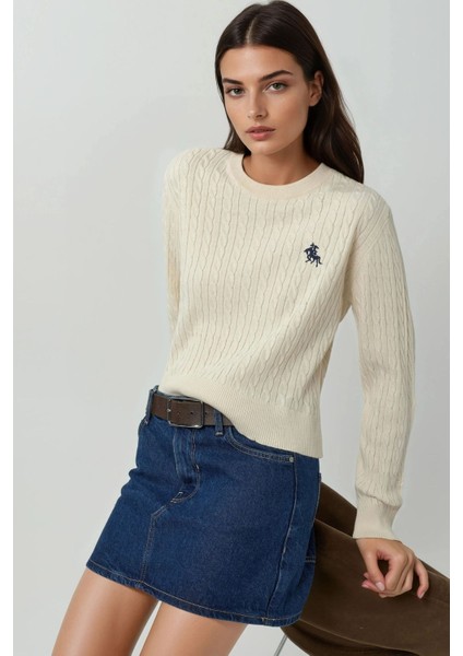 Kadın Saç Örgü Desenli Nakış Detaylı Triko Kazak Beyaz