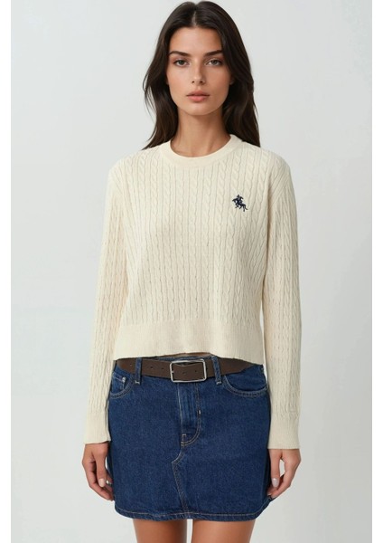 Kadın Saç Örgü Desenli Nakış Detaylı Triko Kazak Beyaz