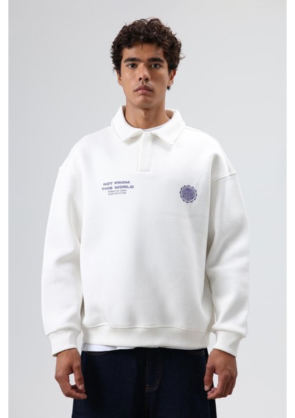 Polo Yaka Oversize Baskılı Yıkamalı Sweatshirt Ekru