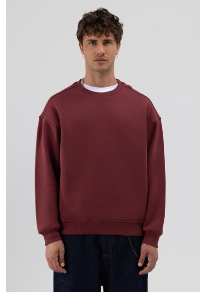 Basic Bisiklet Yaka Oversize Sweatshirt Bordo modelleri