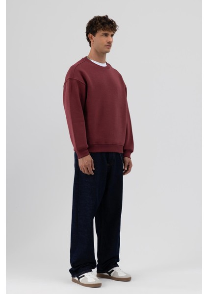 Basic Bisiklet Yaka Oversize Sweatshirt Bordo fırsatları