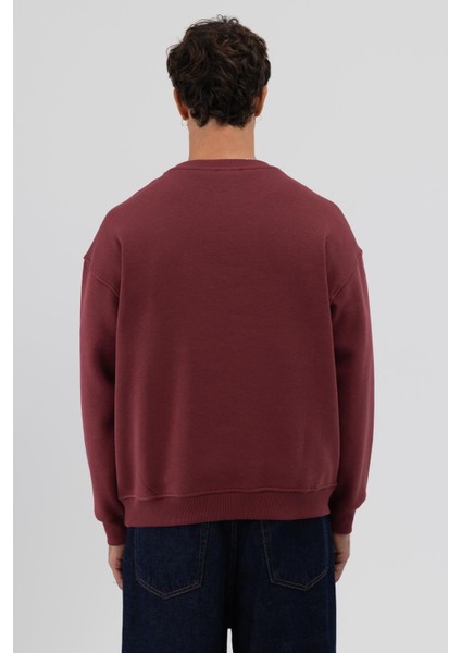 Basic Bisiklet Yaka Oversize Sweatshirt Bordo