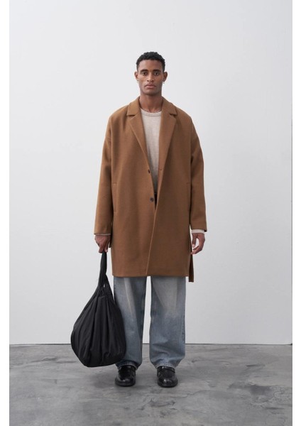 Kemerli Oversize Kaşe Kaban Kahve