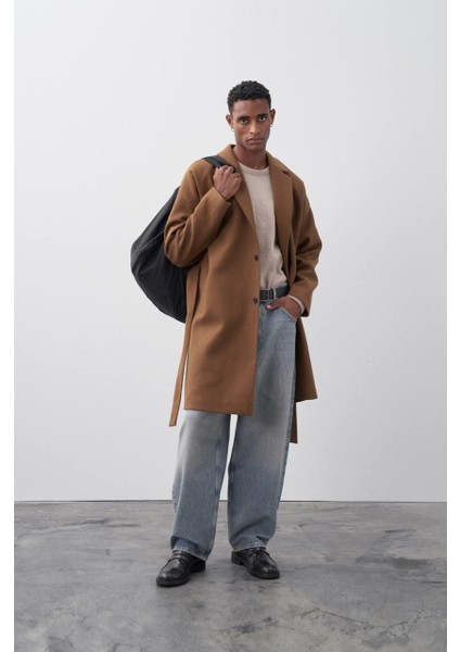 Kemerli Oversize Kaşe Kaban Kahve fırsatları