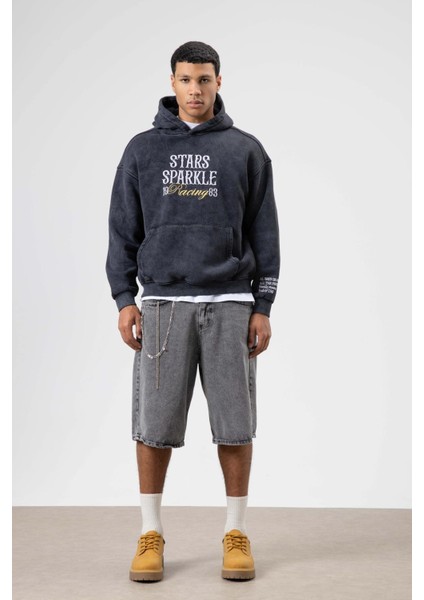 Oversize Nakış Baskılıkapüşonlu Sweatshirt Siyah