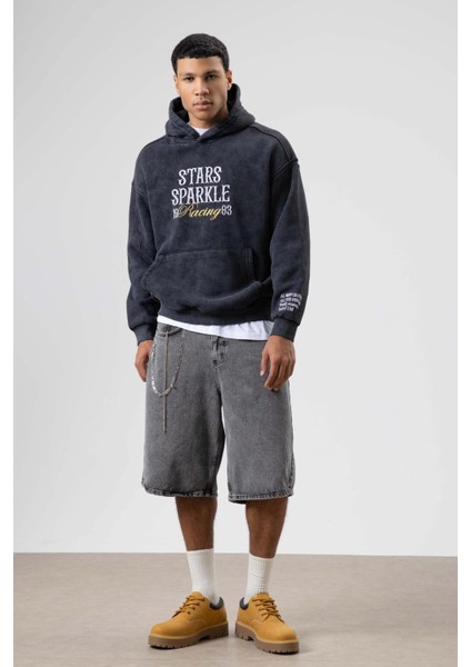 Oversize Nakış Baskılıkapüşonlu Sweatshirt Siyah fiyatları