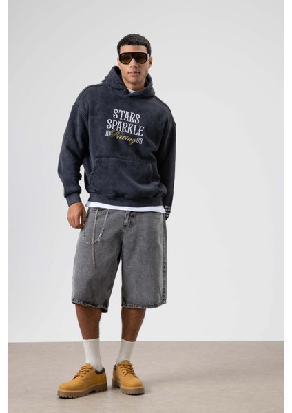 Oversize Nakış Baskılıkapüşonlu Sweatshirt Siyah