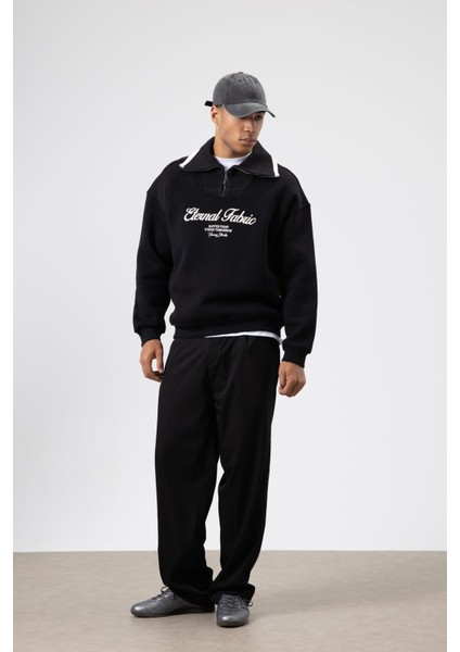 Oversize Fermuarlı Yaka Sweatshirt Siyah