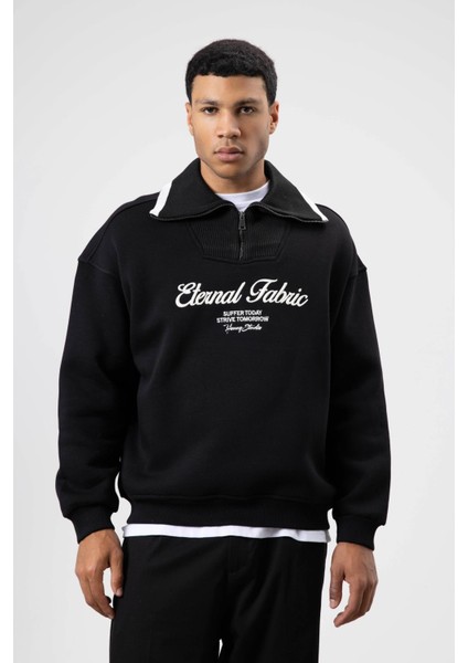 Oversize Fermuarlı Yaka Sweatshirt Siyah fırsatları