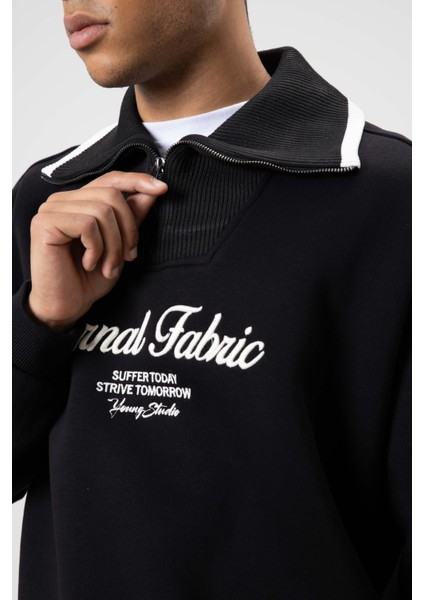 Oversize Fermuarlı Yaka Sweatshirt Siyah indirimleri