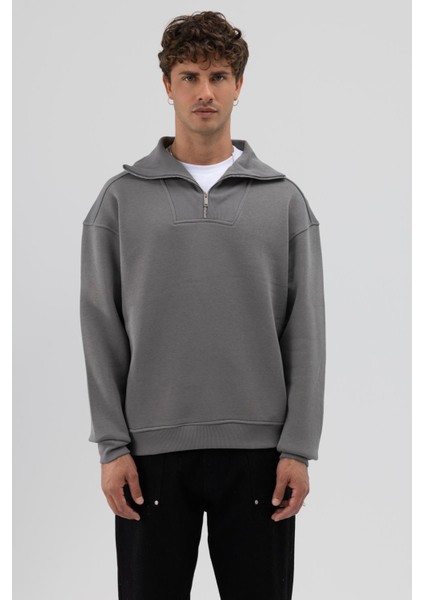 Basic Fermuarlı Dik Yaka Sweatshirt Füme