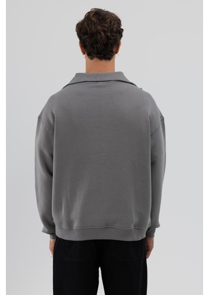 Basic Fermuarlı Dik Yaka Sweatshirt Füme modelleri