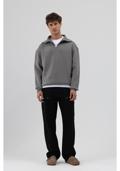 Basic Fermuarlı Dik Yaka Sweatshirt Füme fırsatları