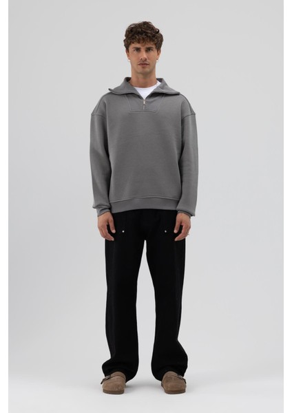 Basic Fermuarlı Dik Yaka Sweatshirt Füme indirimleri