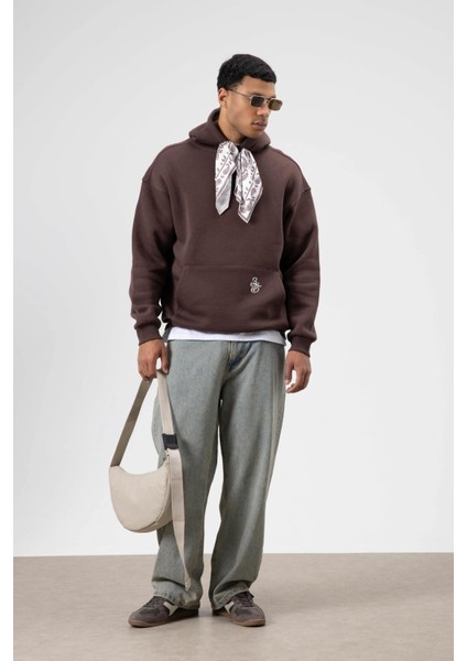 Oversize Fular Detaylı Kapüşonlu Sweatshirt Kahve