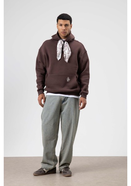 Oversize Fular Detaylı Kapüşonlu Sweatshirt Kahve fiyatları